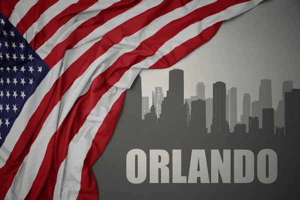 城市的抽象轮廓 文字奥兰多在灰色的背景下 接近于飘扬着五彩缤纷的美国国旗 3D插图 — 图库照片