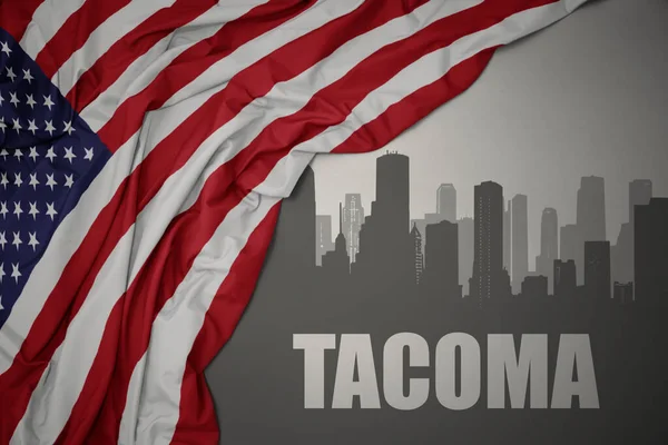 Abstraktní Silueta Města Textem Tacoma Poblíž Vlnící Barevné Národní Vlajky — Stock fotografie