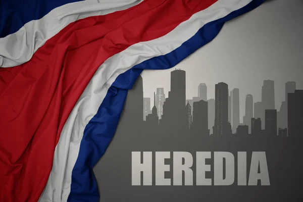 Abstract Silhouette City Text Heredia Waving Colorful National Flag Costa — Stock Photo, Image