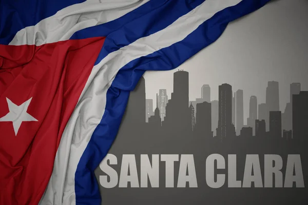 Abstrakcyjna Sylwetka Miasta Tekstem Santa Clara Pobliżu Machania Kolorowe Flagi — Zdjęcie stockowe