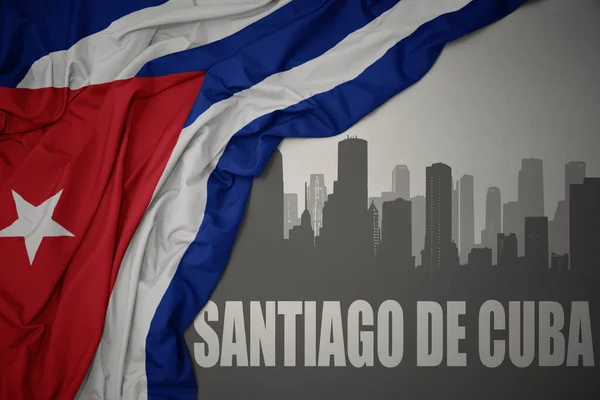 Abstrakcyjna Sylwetka Miasta Tekstem Santiago Cuba Pobliżu Machania Barwną Flagą — Zdjęcie stockowe