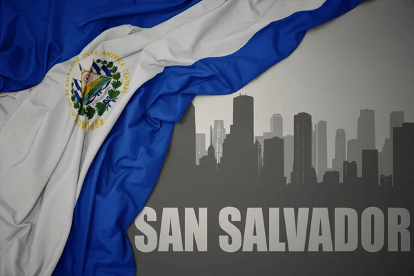 Abstract Silhouette City Text San Salvador Waving Colorful National Flag — Stock Photo, Image