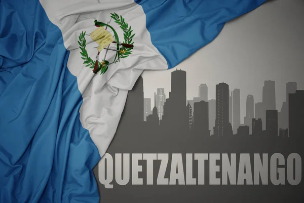 Abstrakcyjna Sylwetka Miasta Tekstem Quetzaltenango Pobliżu Machania Kolorowe Flagi Narodowej — Zdjęcie stockowe