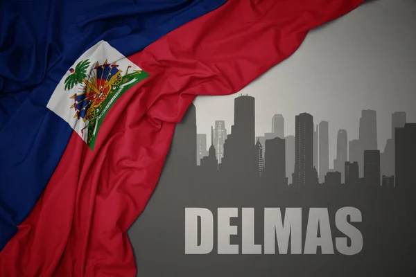 Abstrakcyjna Sylwetka Miasta Tekstem Delmas Pobliżu Machania Kolorowe Flagi Narodowej — Zdjęcie stockowe