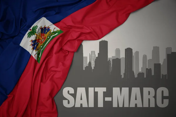 Abstrakcyjna Sylwetka Miasta Tekstem Saint Marc Pobliżu Machania Kolorowe Flagi — Zdjęcie stockowe