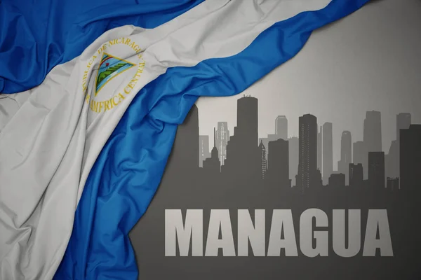 Abstrakcyjna Sylwetka Miasta Tekstem Managua Pobliżu Machania Kolorowe Flagi Narodowej — Zdjęcie stockowe