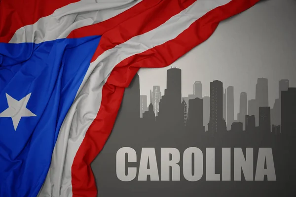 Abstract Silhouette City Text Carolina Waving Colorful National Flag Puerto — Stock Photo, Image