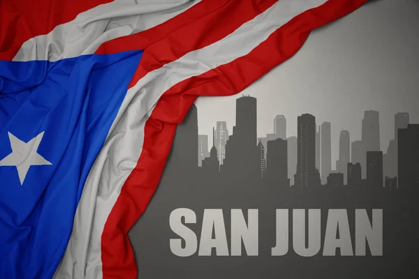 Abstrakcyjna Sylwetka Miasta Tekstem San Juan Pobliżu Machania Kolorowe Flagi — Zdjęcie stockowe