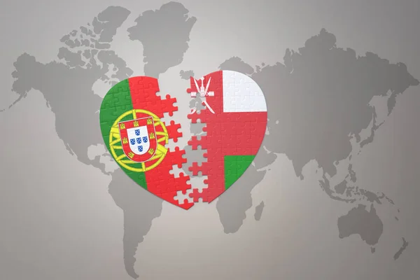 Coração Quebra Cabeça Com Bandeira Nacional Portugal Oman Fundo Mapa — Fotografia de Stock
