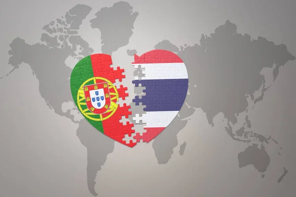 Puzzle Heart National Flag Portugal Ththailand World Map Background Concept — стоковое фото