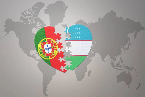 Головоломка Сердце Национальным Флагом Португалии Узбекистана Фоне Карты Мира Концепт — стоковое фото