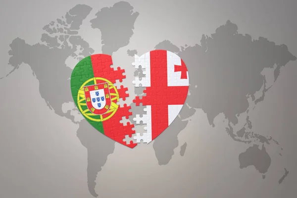 Головоломка Сердце Национальным Флагом Португалии Джорджии Фоне Карты Мира Концепт — стоковое фото