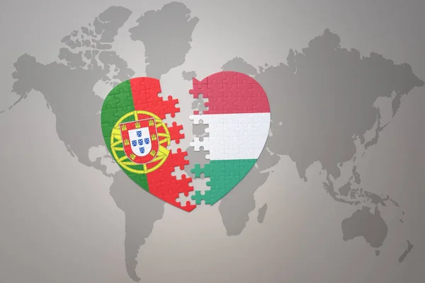 Головоломка Сердце Национальным Флагом Португалии Венгрии Карте Мира Background Concept — стоковое фото