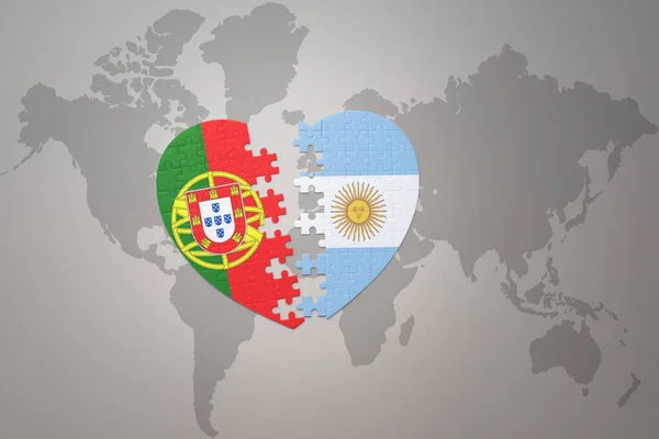 Coração Quebra Cabeça Com Bandeira Nacional Portugal Argentina Fundo Mapa — Fotografia de Stock