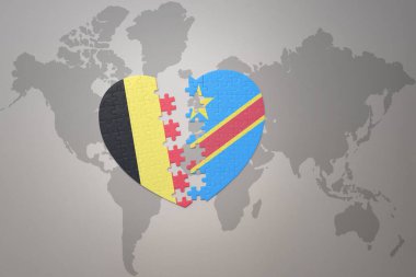 Belçika 'nın ulusal bayrağı ve Kongo Demokratik Cumhuriyeti' nin bulmaca kalbi bir dünya haritasında. 3B illüstrasyon