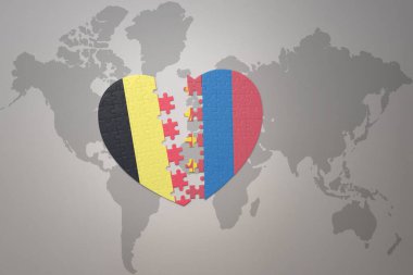 Dünya haritasında Belçika ve Moğolistan ulusal bayrağının bulmaca kalbi. Konsept. 3B illüstrasyon