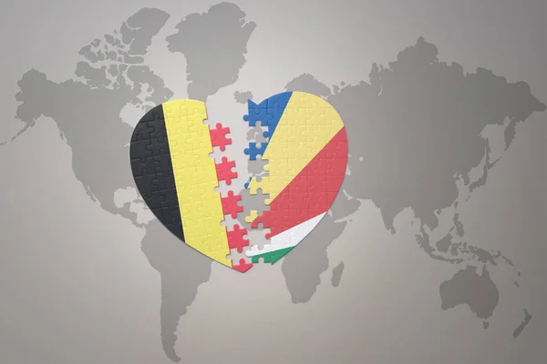 Puzzle Heart National Flag Belgium Seychelles World Map Background Concept — ストック写真