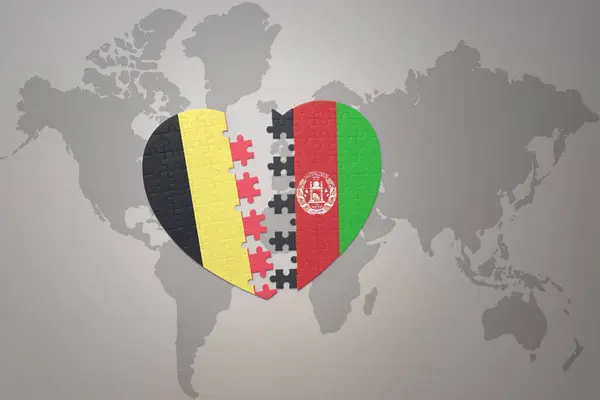 Belçika Nın Ulusal Bayrağı Afganistan Bulmaca Kalbi Dünya Haritasında Konsept — Stok fotoğraf