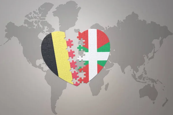 在世界地图的背景上 用比利时国旗和巴斯克国家国旗拼凑人心 3D插图 — 图库照片