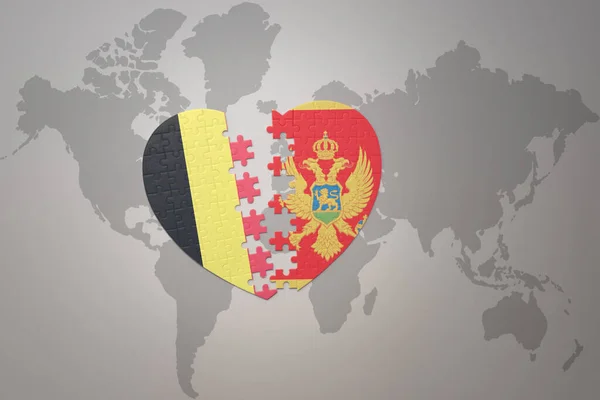Pussel Hjärta Med Den Nationella Flaggan Belgium Och Montenegro Världskarta — Stockfoto