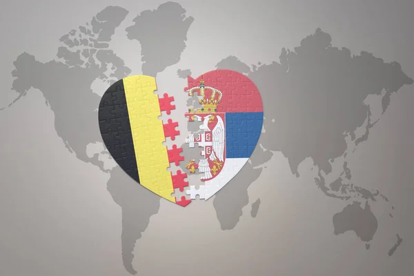 Puzzle Heart National Flag Belgium Serbia World Map Background Concept — Stock Photo, Image
