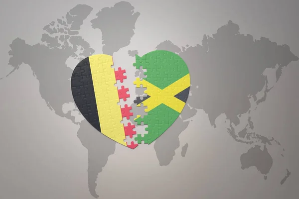 Пуховое Сердце Национальным Флагом Бельгии Ямайки Задней Стороне Карты Мира — стоковое фото