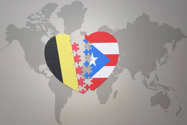 Puzzle Heart National Flag Belgium Puerto Rico World Map Background — ストック写真