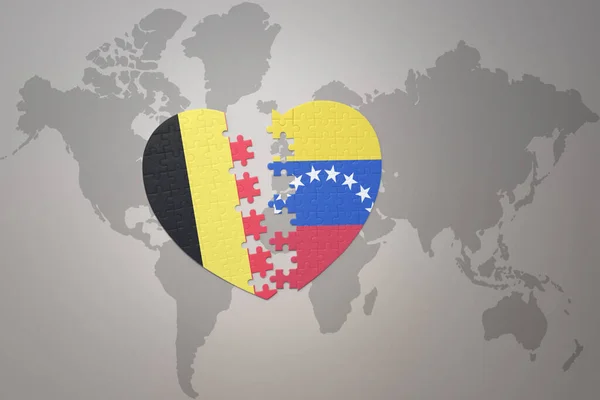 Сердце Головоломки Национальным Прапором Бэлгии Венезуели Мапе Мира Ілюстрація — стокове фото