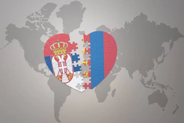 Puzzle Heart National Flag Mongolia Serbia World Map Background Concept — Stock Photo, Image