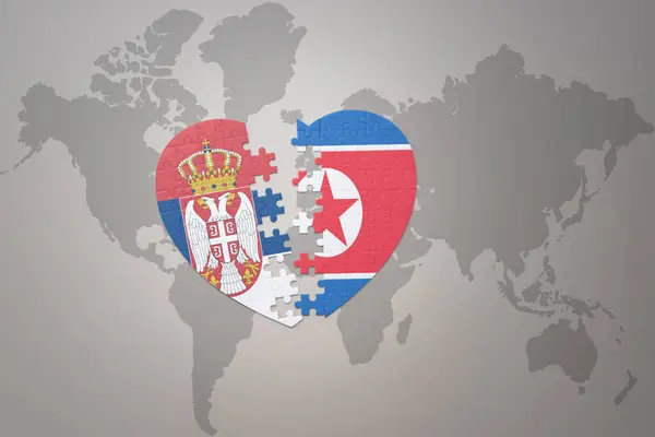 Puzzle Heart National Flag North Korea Serbia World Map Background — Stock Photo, Image