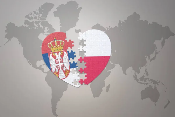Puzzle Heart National Flag Poland Serbia World Map Background Concept — Stock Photo, Image