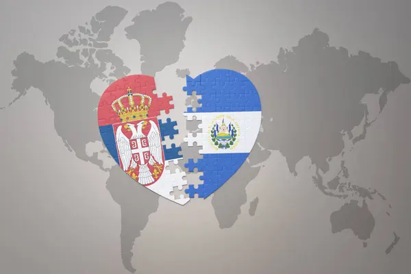Salvador Sırbistan Ulusal Bayrağıyla Bir Dünya Haritasında Bulmaca Kalbi Illüstrasyon — Stok fotoğraf