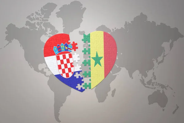 Puzzle Heart National Flag Croatia Senegal World Map Background Concept — Stock Photo, Image
