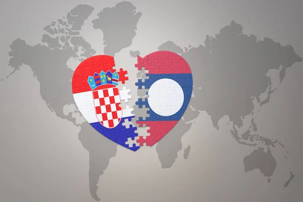 Corazón Del Rompecabezas Con Bandera Nacional Croacia Laos Fondo Mapa — Foto de Stock