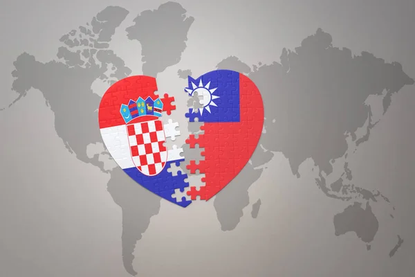 puzzle heart with the national flag of croatia and taiwan on a world map background.Concept. 3D illustration