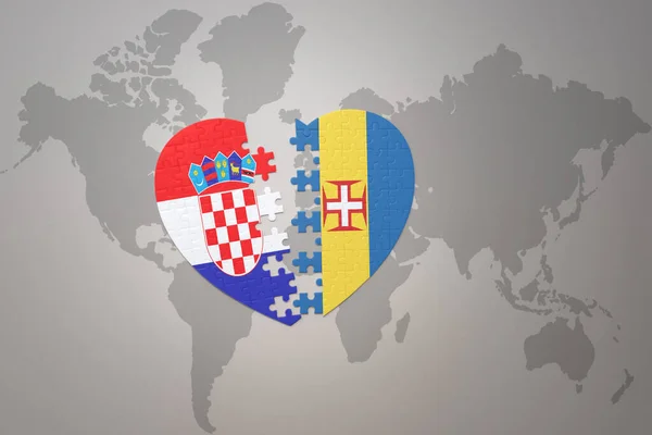 Puzzle Heart National Flag Croatia Madeira World Map Background Concept — Stock Photo, Image