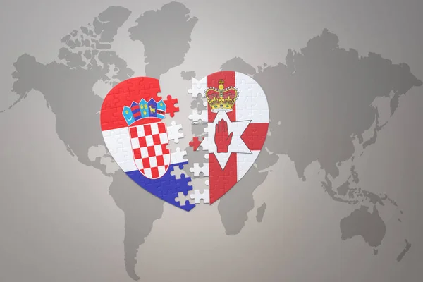 puzzle heart with the national flag of croatia and northern ireland on a world map background.Concept. 3D illustration