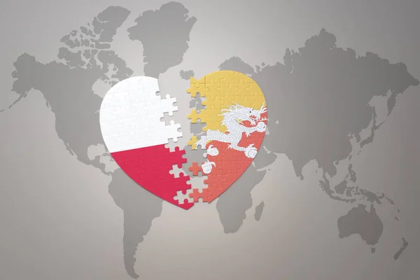 Puzzle Heart National Flag Bhutan Poland World Map Background Concept — ストック写真