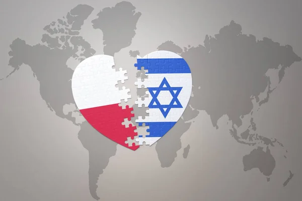 Серце Головоломка Національним Прапором Ізраїлю Польщі Фоні Карти Світу Концепція — стокове фото