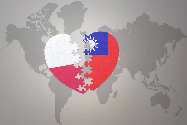 puzzle heart with the national flag of taiwan and poland on a world map background.Concept. 3D illustration