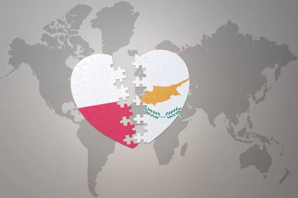 puzzle heart with the national flag of cyprus and poland on a world map background.Concept. 3D illustration
