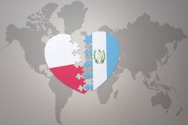Guatemala ve Polonya 'nın ulusal bayrağıyla bir dünya haritasında bulmaca kalbi. 3B illüstrasyon