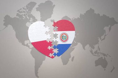 Paraguay ve Polonya 'nın ulusal bayrağıyla bir dünya haritasında bulmaca kalbi. 3B illüstrasyon