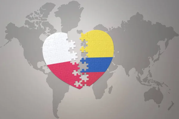 Puzzle Heart National Flag Colombia Poland World Map Background Concept — ストック写真