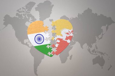 puzzle heart with the national flag of india and bhutan on a world map background.Concept. 3D illustration