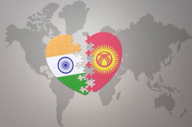 puzzle heart with the national flag of india and kyrgyzstan on a world map background.Concept. 3D illustration