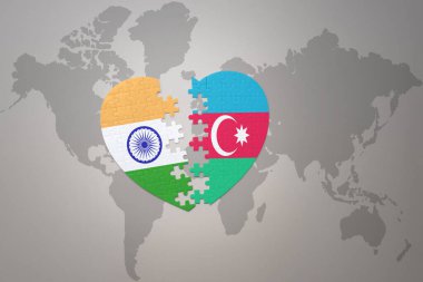 puzzle heart with the national flag of india and azerbaijan on a world map background.Concept. 3D illustration