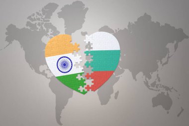 puzzle heart with the national flag of india and bulgaria on a world map background.Concept. 3D illustration