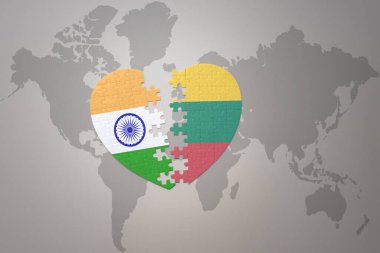 puzzle heart with the national flag of india and lithuania on a world map background.Concept. 3D illustration