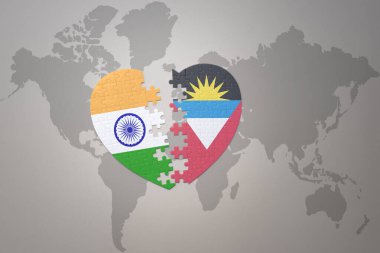 Hindistan 'ın ulusal bayrağı, Antigua ve Barbuda' nın yapboz kalbi dünya haritasında. 3B illüstrasyon